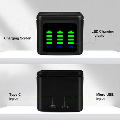 Battery Charger Kits for GoPro Hero 12 11 10 9 Black, 3-Pack 2000mAh Replacement Batteries + Triple Charge Case with Type-C Charging Cord for Go Pro 12 11 10 9 Official Batteries Accessories