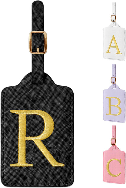 Personalized Initial Luggage Tags for Suitcase TSA Approved, Black Leather Cute Luggage Tag with Privacy Cover Name Card, Embroidered Custom Luggage Tags Travel Backpack Tags Gifts for Women Kids(R)