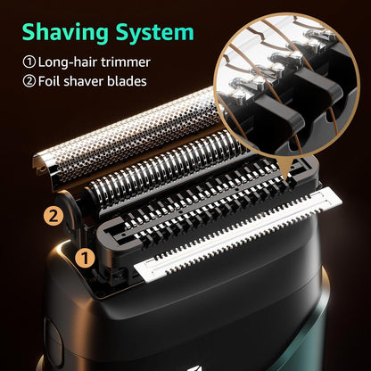 Electric Foil Shavers for Men, Mini Electric Razor, Compact Face Shaver, IPX7 Waterproof Wet Dry Cordless Razor, LED Display, USB-C Fast Rechargeable, Emerald Green