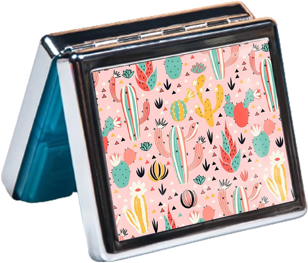 Silver Vintage Pill Box 7 Day Metal Pill Box with Mirror and 8 Compartments Cute Travel Pill Organizer for Purse (Southwestern Cactus)