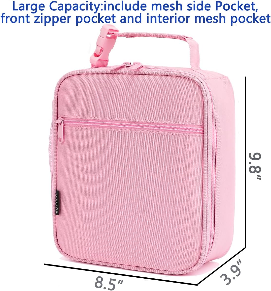 FlowFly Kids Lunch box Insulated Soft Bag Mini Cooler Back to School Thermal Meal Tote Kit for Girls, Boys, Pink