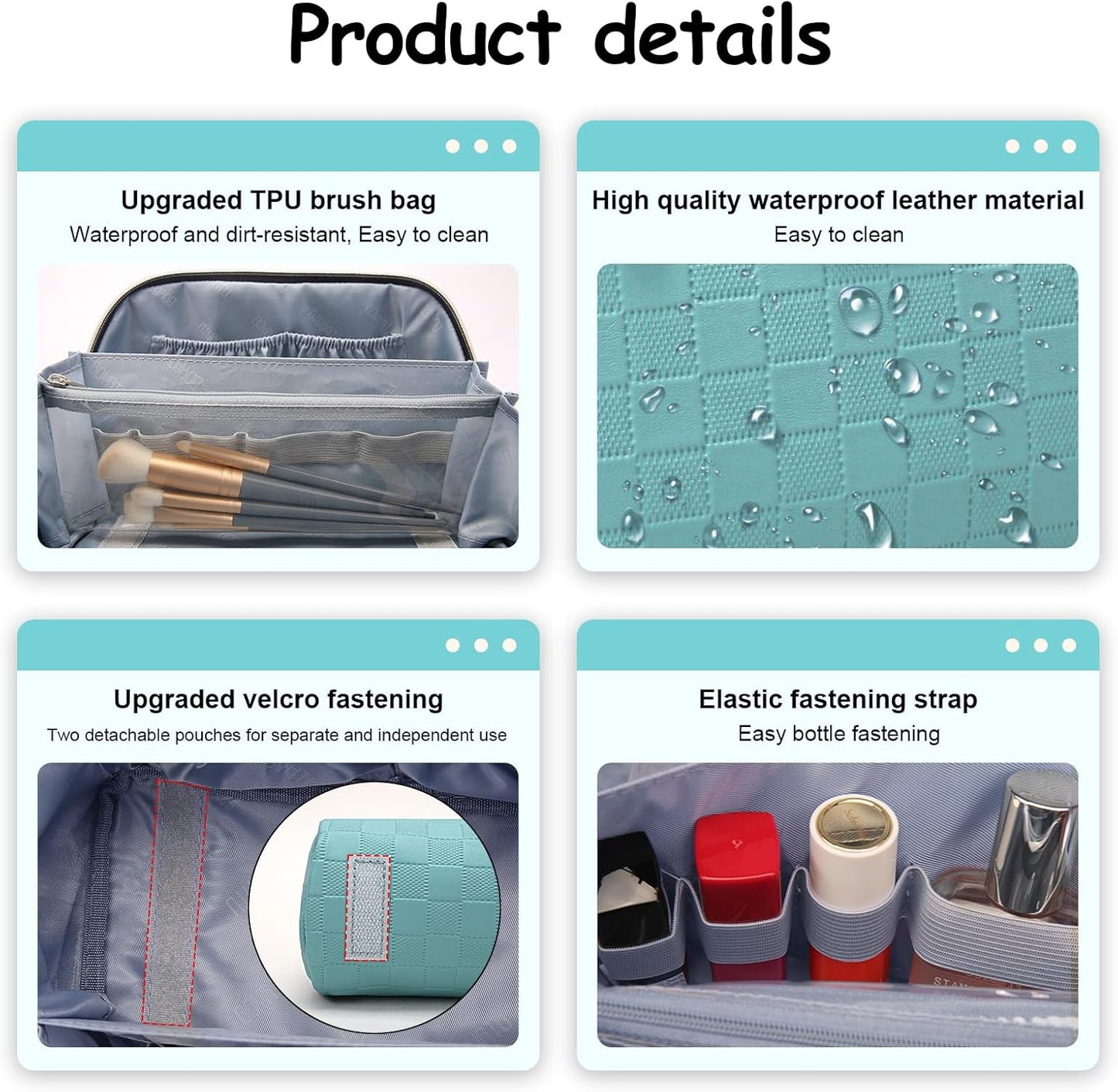 BOYATU Travel Makeup Bag Organizer Cosmetic Bag: 3 Pcs Set Make up Bags for Women with Handle - Waterproof Vegan Leather Toiletry Bags with Comparments (C-03-Blue)