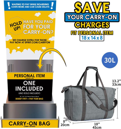Narwey 18x14x8 Inches Travel Bag Spirit Airlines Frontier Personal Item Bag, Travel Duffel With Wet Pocket Carry on Bag for Airplane Underseat Duffle Overnight for Women and Men (Grey)
