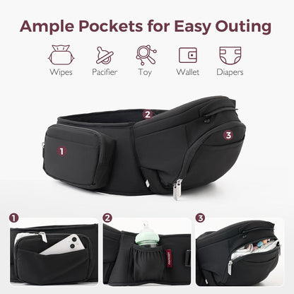 Momcozy Baby Carrier with Hip Seat, 2-in-1 Forward-Facing Carry for Active Babies, Detachable Hands-Free Infant Carrier up to 44lbs, All Seasons Toddler Carrier Fits Waist Sizes up to 45 Inches, Black