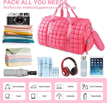 Quilted Travel Duffle Bag Gym Bag for Women,Large Puffer Duffle Weekender Bag with Compartment,Workout Overnight Carry on Organizer Bag Duffle Bag for Airplane Travel(L-Pink)
