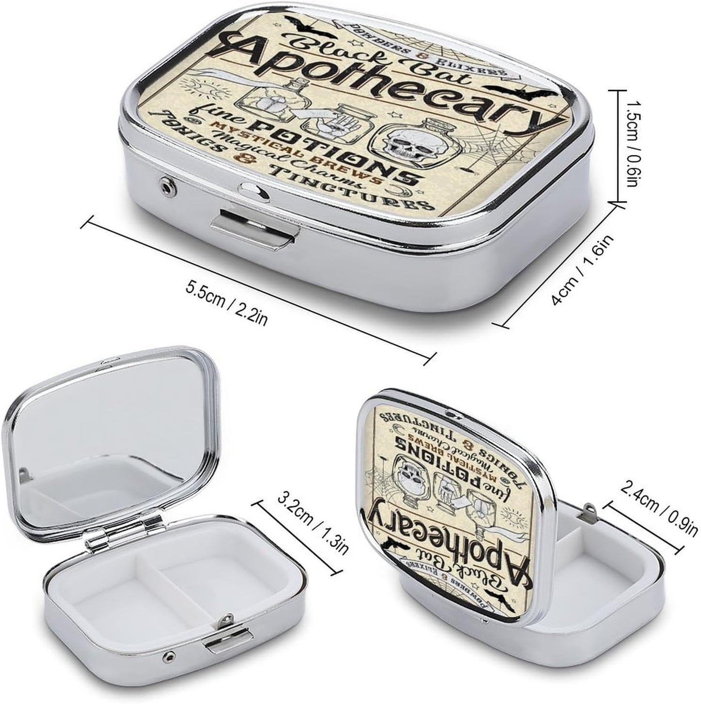 Metal 2 Compartment Pill Organizer Travel Friendly Portable Compact Pill Box Cute Pill Case to Hold Vitamins,Fish Oil,Supplements,Meds,Tablet for Purse,Pocket. (Apothecary)