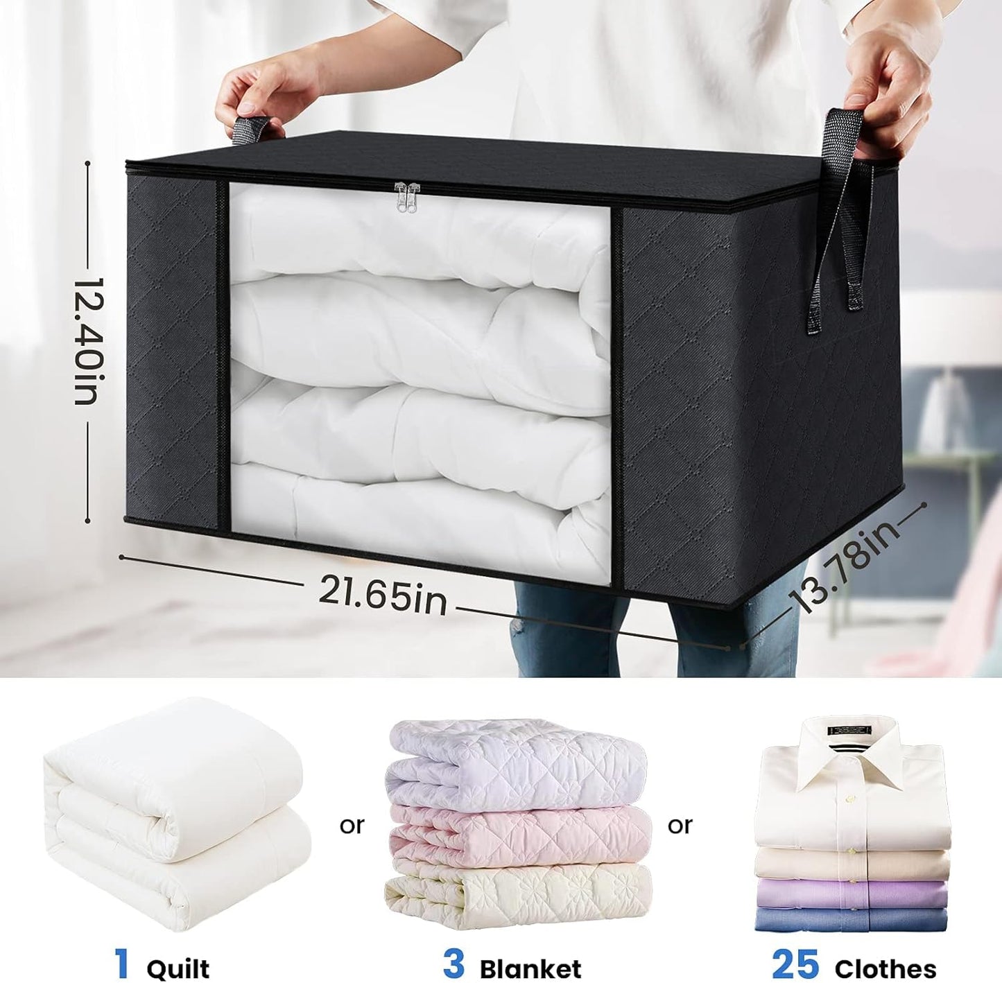 Fab totes 4 Pack Clothes Storage, Foldable Thick Fabric Blanket Storage Bags, Containers for Organizing Bedroom, Closet, Clothing, Comforter,Closet Organization with Handle,Black