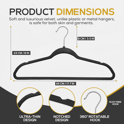 50 Pack New Premium Quality Velvet Hangers Ultra Thin Non Slip Adult Felt Space Saving Hangers for Closet Heavy Duty Coat Pants Jackets Dress Hangers 360° Swivel Hook Hold Upto 10 lbs Black