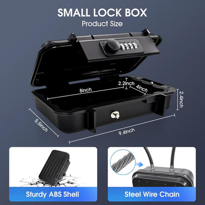 Beach Lock Box,Travel Safe Lock Box with Removable Chain,Locking Boxes with Code,Portable Lockbox for Travel Safe,Personal Items,Beach,Gym,Hotel,Dorm,Black