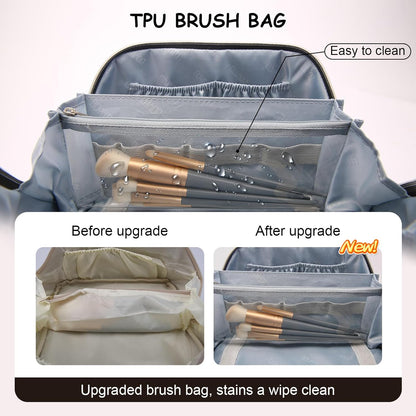 BOYATU Travel Makeup Bag Organizer Cosmetic Bag: 3 Pcs Set Make up Bags for Women with Handle - Waterproof Vegan Leather Toiletry Bags with Comparments (D-01-Brown)