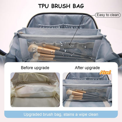 BOYATU Makeup Bag Travel Cosmetic Bag: 3 Pcs Set Portable Make up Bags for Women with Handle - Waterproof Vegan Leather Toiletry Organizer Bags with Comparments (F-01-Black)