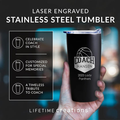 Lifetime Creations Personalized Basketball Coach Tumbler: Custom Basketball Coach Gift, Coaches Coffee Travel Mug from Team, Insulated Engraved Stainless Steel 20 Ounce Cup (White)