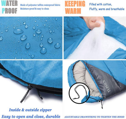 tuphen- Sleeping Bags for Adults Kids Boys Girls Backpacking Hiking Camping Microfiber Liner, Cold Warm Weather 4 Seasons Indoor Outdoor Use, Lightweight & Waterproof