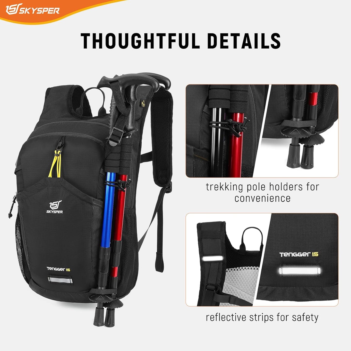 SKYSPER Hiking Backpack 15L Lightweight Walking Daypack for Camping Travelling Daytrip Small Trail Bagpack for Men Women
