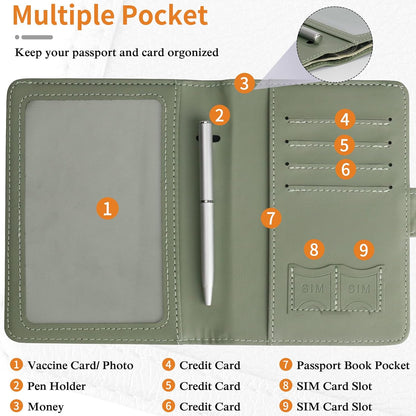 TIGARI Passport Holder for Travel Women Men, PU Leather Waterproof RFID Passport Holder Wallet Cover Case Sleeve, Family Vacation Plane Cruise Travel Document Organizer Essentials-Green