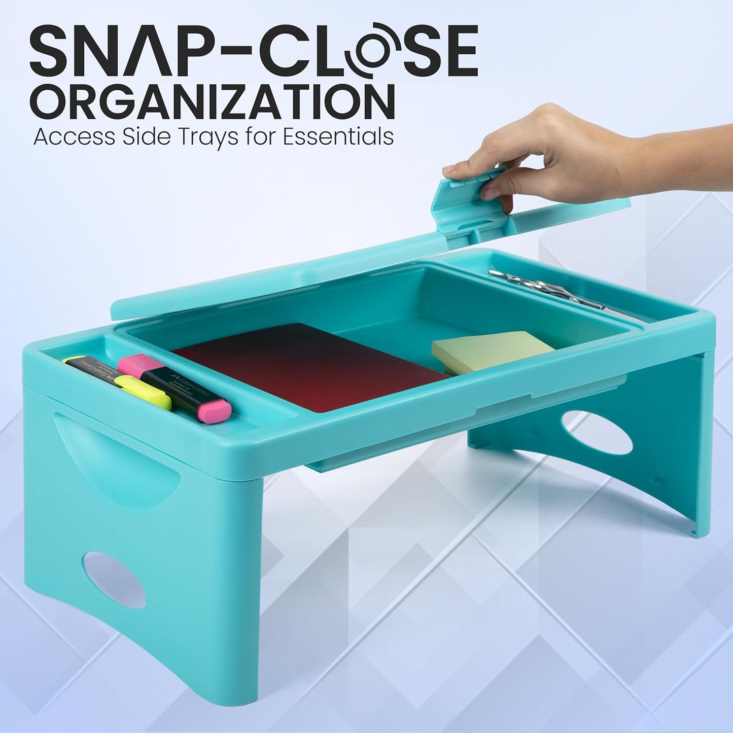 Loddie Doddie Foldable Lap Desk for Kids & Adults - Teal Blue Portable Plastic Table with Storage Pocket & Trays - Bed Desk, Car Tray & Travel Lap Table