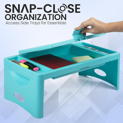 Loddie Doddie Foldable Lap Desk for Kids & Adults - Teal Blue Portable Plastic Table with Storage Pocket & Trays - Bed Desk, Car Tray & Travel Lap Table