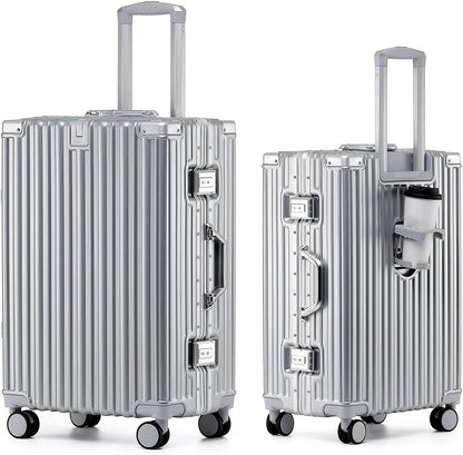 HotWay 20 Inch Aluminum Frame Carry On Luggage with Spinner Wheels, PC Hard Shell Suitcase with Cup Holder, Zipperless Luggage for Business Travel, Silver