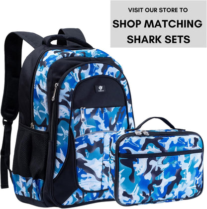 Fenrici Lunch Box for Boys, Kids Insulated Lunch Bag, Soft Sided Compartments, Spacious, BPA Free, Food Safe, 10.8in x 8.5in x 2.8in, Shark, Camo