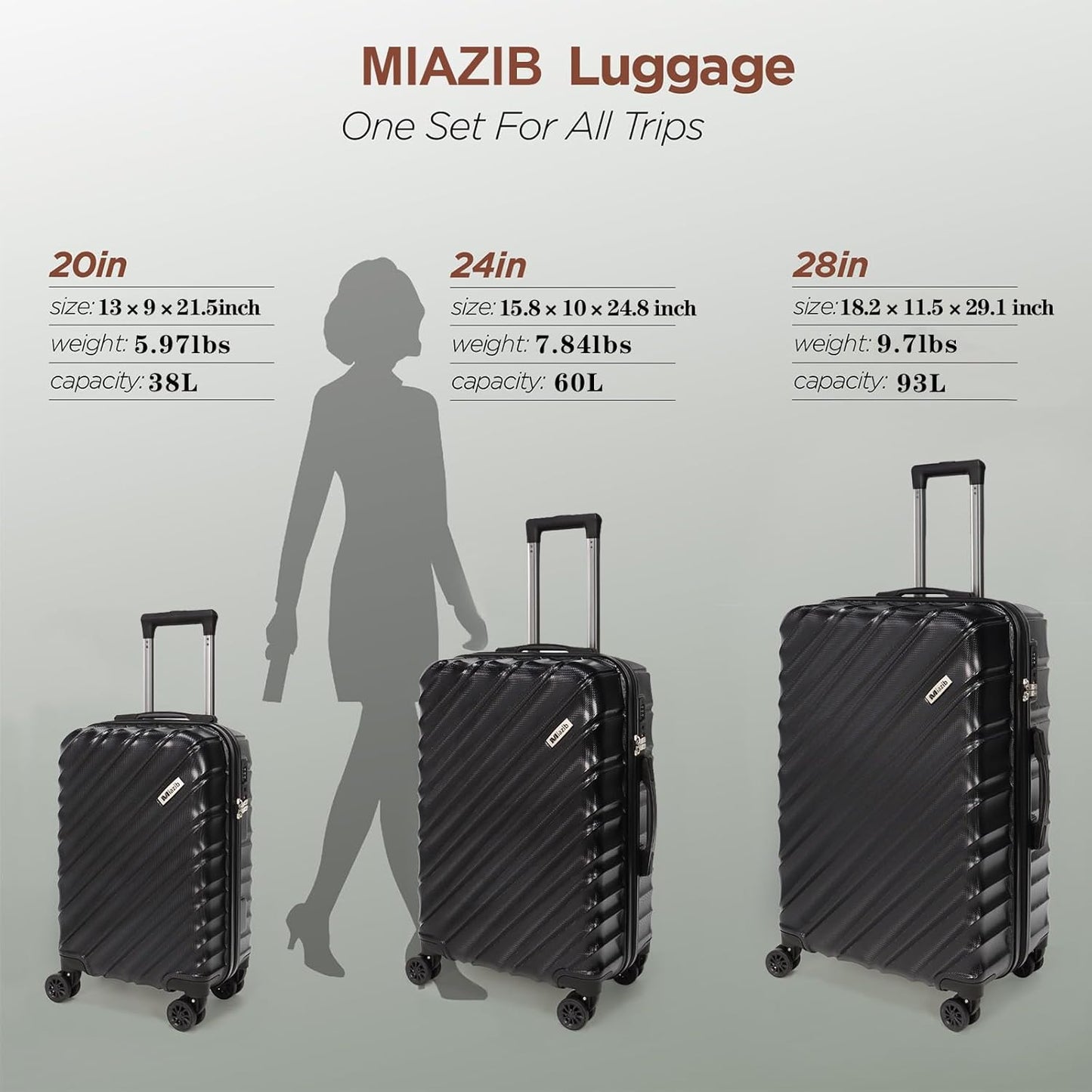 Hardshell Luggage Sets 3 Piece ABS+PC Travel Suitcase Hard Sided Luggage with Spinner Wheels Checked Luggage Durable Lightweight Hard Case Luggage (Black)