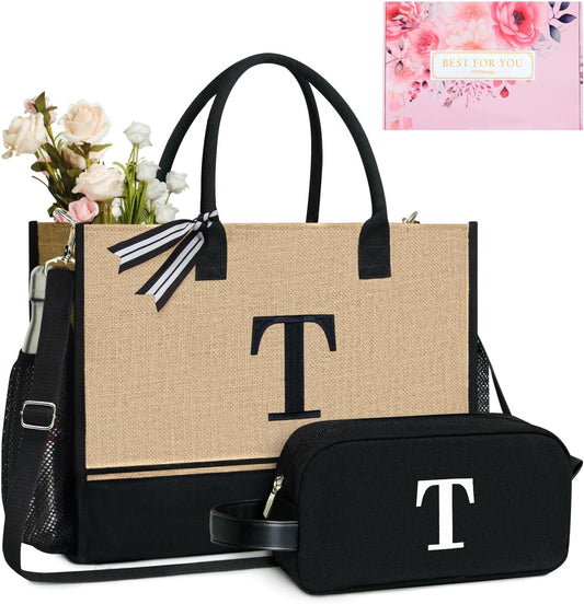 TOPDesign Personalized Initial Canvas Tote Bag, for Wedding, Birthday, Beach, Perfect Gifts for Women, Mom, Teachers, Friends