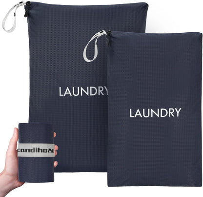 Travel Laundry Bag (2 Pcs - Large + Small) - Foldable Waterproof Washable Wet Dry Bag for Gym, Swimming, Yoga, and Workout Perfect for Dirty Clothes, Bathing Suits, Travel Accessories - Navy Blue