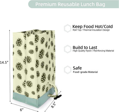 SUNNY BIRD Insulated Lunch Bag Rolltop Lunch Cooler Cute Lunch Box for Girls, Teens and Kids (Pinecone)