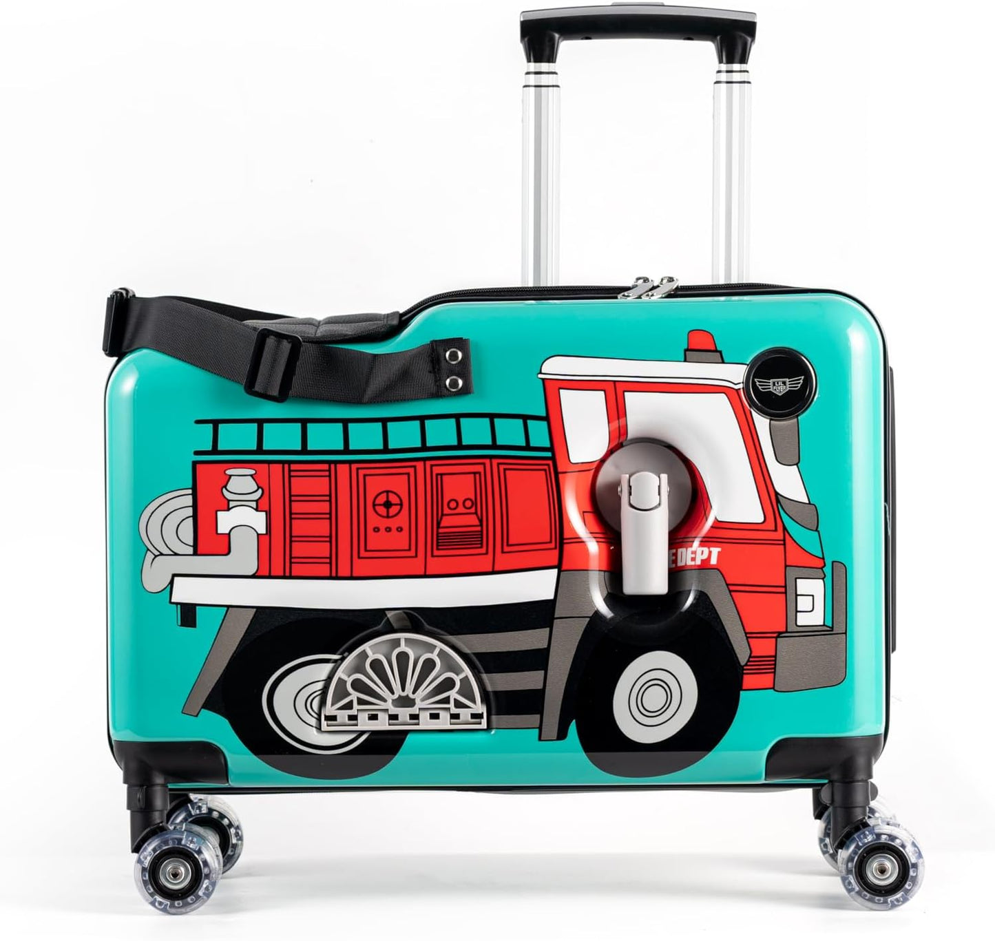Younglingz LIL FLYER GO Version 2 Ride On Suitcase for Kids | Carry On Luggage with Toddler Seat, Foldable Handlebars, Pedals, and Removable Wheels | Holds up to 80 lbs | FIRETRUCK | Ages 2-6