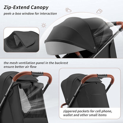 Tinyiota Baby Stroller, Infant Stroller with Large UPF 50+ Canopy,Luxury Pram Strollers with Leather Handle & Spacious Seat, One-Hand Foldable Pushchair, Toddler Carriage with Lie-Flat Mode(Black)