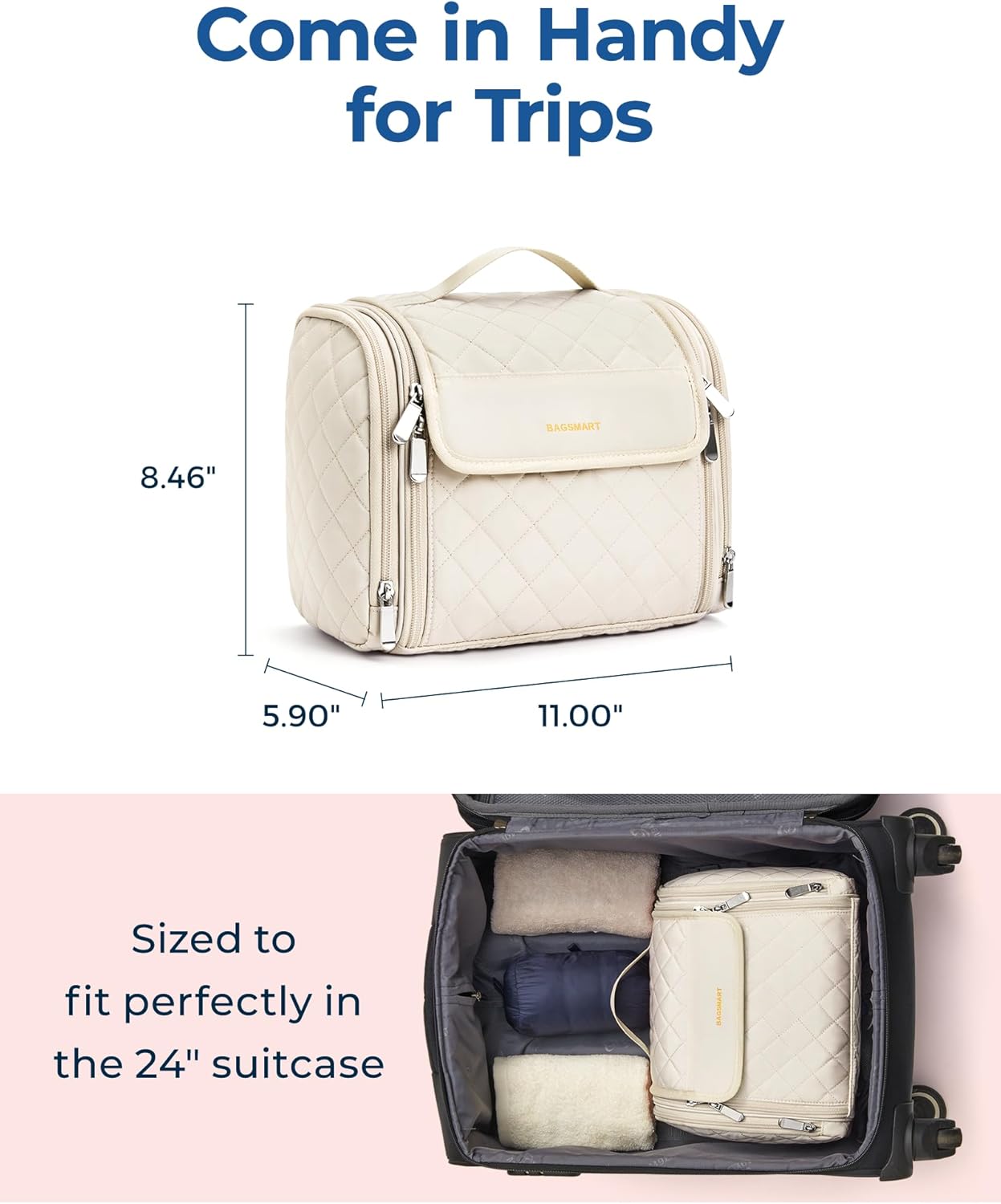 BAGSMART Toiletry Bag Travel Makeup Bag with Hanging Hook, Cosmetic Bag Make Organizer Case, Large Capacity Water-resistant Organizer for Toiletries Accessories Brushes Sponge, Beige