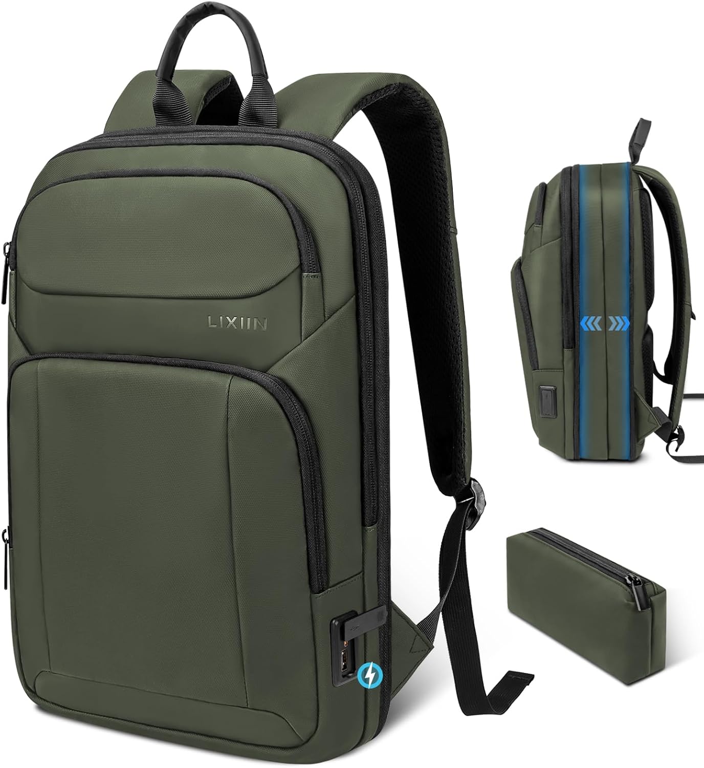 Backpack for Men Slim & Expandable Travel Laptop Backpack with USB Charging Port Water Resistant Anti-Theft Business Backpack Fits 15.6 Inch Laptop for Commute Work College with Small Bag(Olive Green)