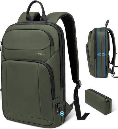 Backpack for Men Slim & Expandable Travel Laptop Backpack with USB Charging Port Water Resistant Anti-Theft Business Backpack Fits 15.6 Inch Laptop for Commute Work College with Small Bag(Olive Green)