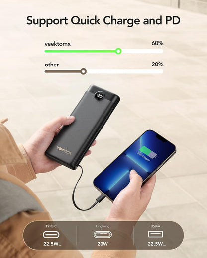 VEEKTOMX Portable Charger with Built-in Cables 30000mAh Power Bank for iPhone 22.5W Fast Charging USB C Battery Pack Travel Essentials Powerbank Compatible with iPhone, Android, etc(1 Pack)