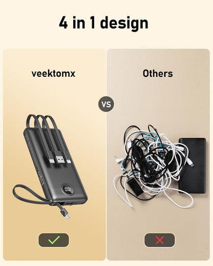 VEEKTOMX Portable Charger with Built-in Cables 10000mAh Power Bank for iPhone Slim Fast Charge USB C Battery Pack Travel Essentials Powerbank Compatible with iPhone, Samsung, Android, etc