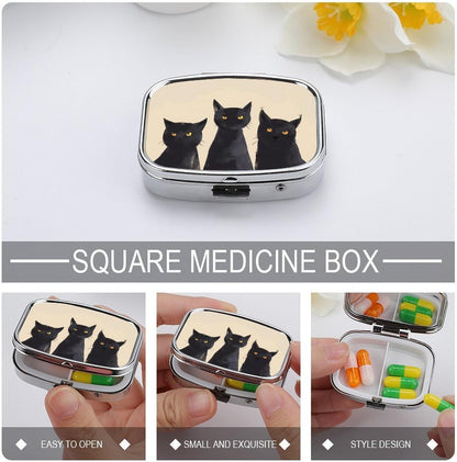 Metal 2 Compartment Pill Organizer Travel Friendly Portable Compact Pill Box Cute Pill Case to Hold Vitamins,Fish Oil,Supplements,Meds,Tablet for Purse,Pocket. (Three Cats)