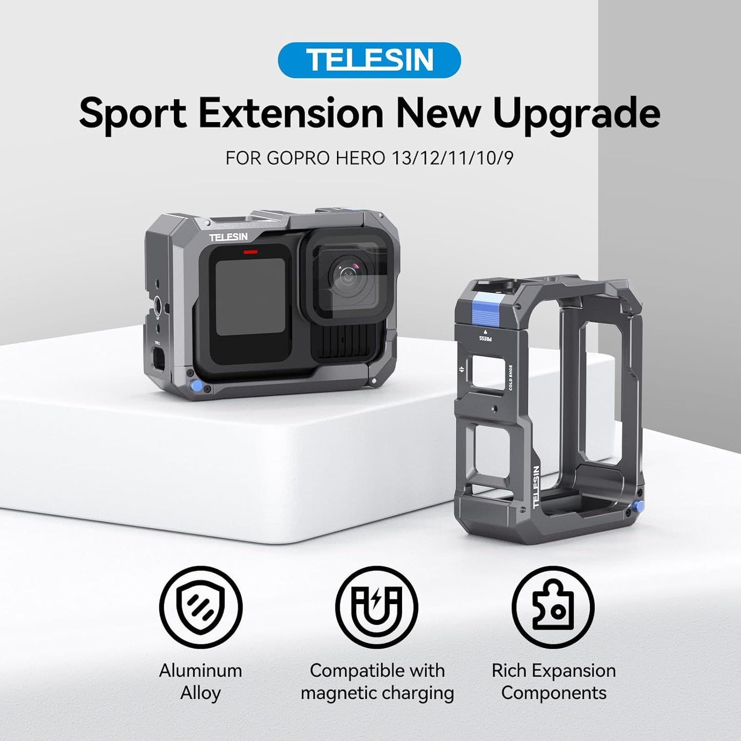 TELESIN Upgraded Aluminum Alloy Cage Frame Housing for Go Pro 13 12 11 10 9 Black, Supports Go Pro 13 Quick-Release System & Magnetic Charging, with 1/4" Thread & Cold Shoe for Video Light Microphone