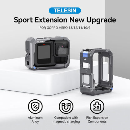 TELESIN Upgraded Aluminum Alloy Cage Frame Housing for Go Pro 13 12 11 10 9 Black, Supports Go Pro 13 Quick-Release System & Magnetic Charging, with 1/4" Thread & Cold Shoe for Video Light Microphone