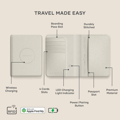 Satechi Passport Holder for Travel with Find My, Passport Cover with 4 Card Holder, Wireless Charging, and RFID protection – Travel Essential Vegan Leather Passport– Sand