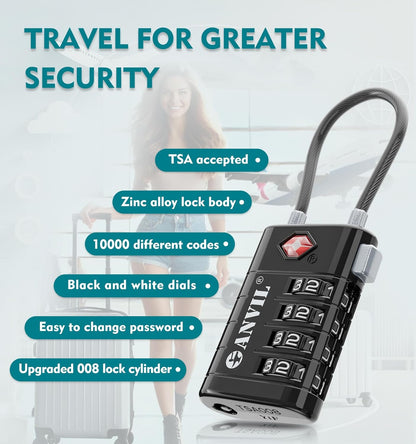 ANVIL 4 Digit Luggage Locks, TSA Locks for Luggage, Advanced TSA008 core, Alert Indicator for Your Travel Lock, Suitcase Lock. (3, Black)