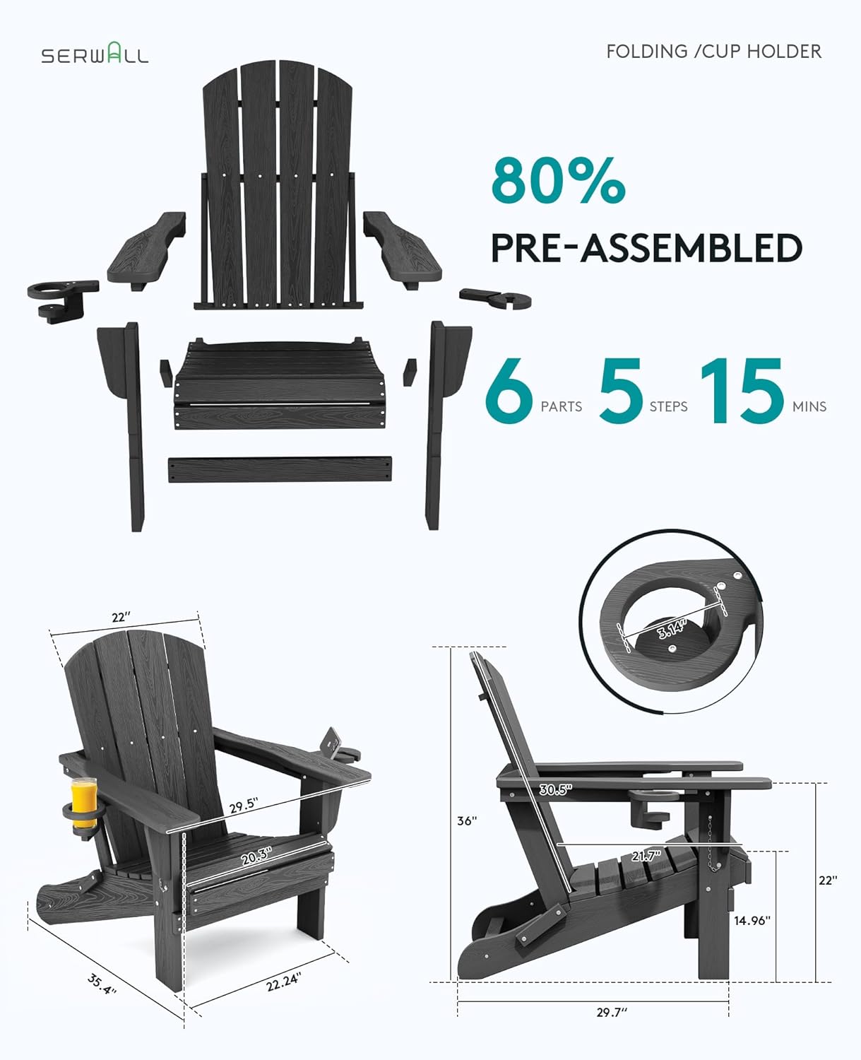 SERWALL Foldable Adirondack Chair, HDPE Adirondack Chair with Wood-Texture-Gray