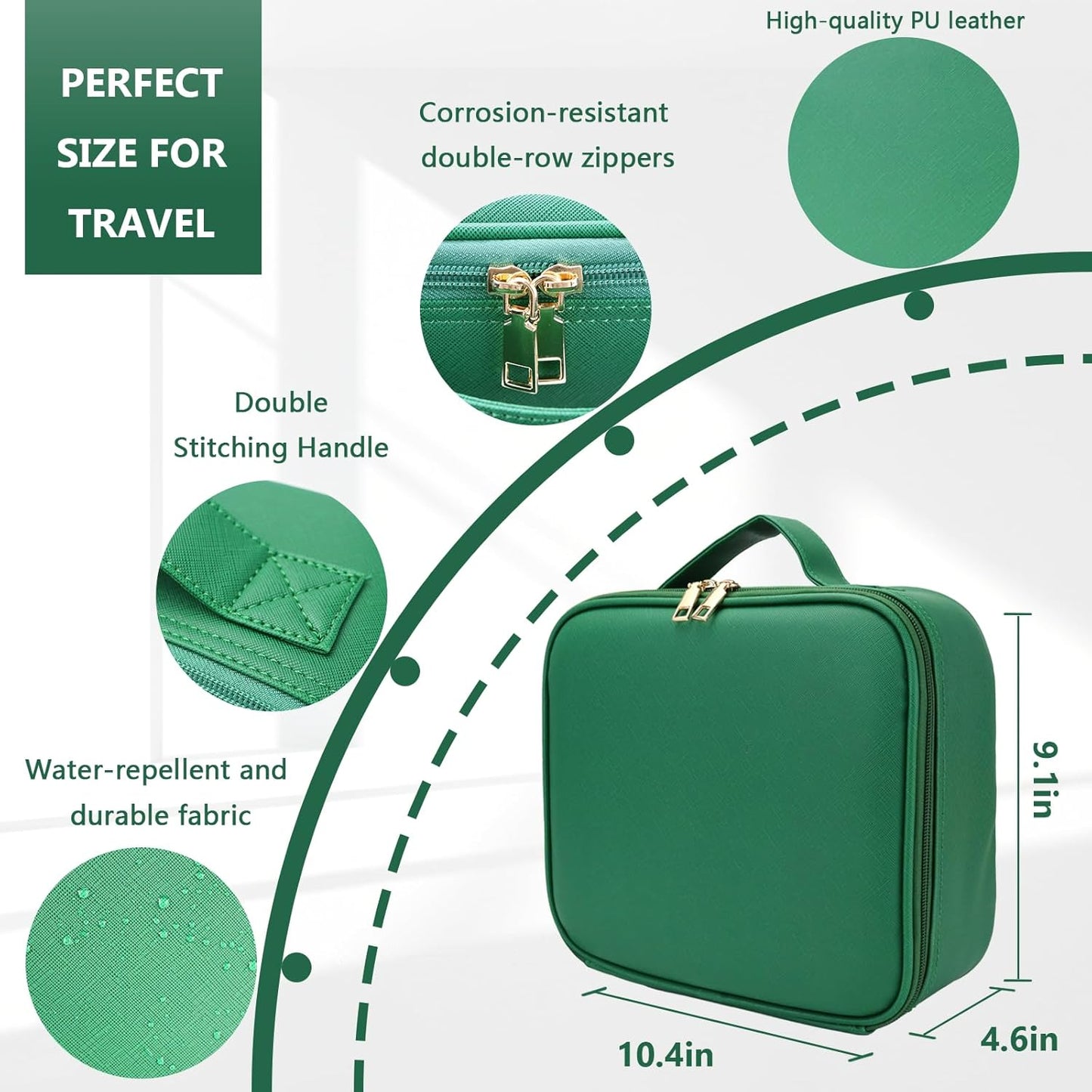 Travel Makeup Bag for Women and Makeup Artists Cosmetic Organizer Large Makeup Case,Travel Makeup Bag with Mirror 3 Color Setting,Portable Storage and Adjustable Dividers(Dark green)