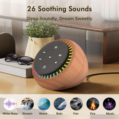 DreamSky Sound Machine for Sleep, White Noise for Sleeping Adults & Baby, Brown Noise Fan for Office Privacy & Noise Canceling, 26 Sounds & RGB Light, USB-C Powered for Home Travel, Wood Grain