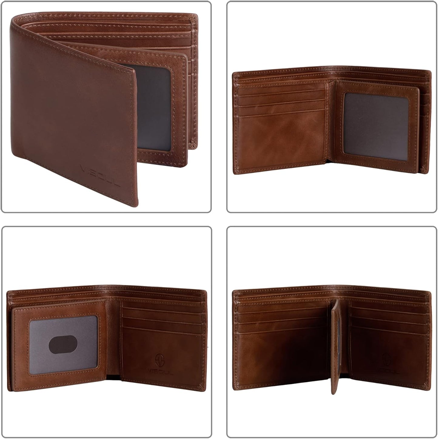 VISOUL Leather Wallets Bifold for Men with 2 ID Windwows, Men's Designer Card Holder Wallets with RFID Blocking (Brown)