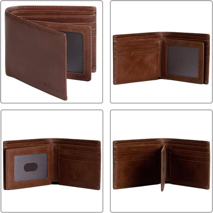 VISOUL Leather Wallets Bifold for Men with 2 ID Windwows, Men's Designer Card Holder Wallets with RFID Blocking (Brown)