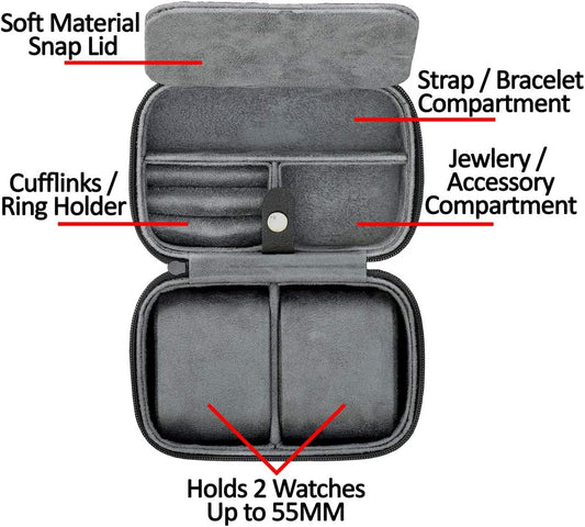 ROTHWELL 2 Watch Travel Case Storage Organizer for 2 Watches | Tough Portable Protection w/Zipper Fits All Wristwatches & Smart Watches Up to 50mm (Black/Grey)