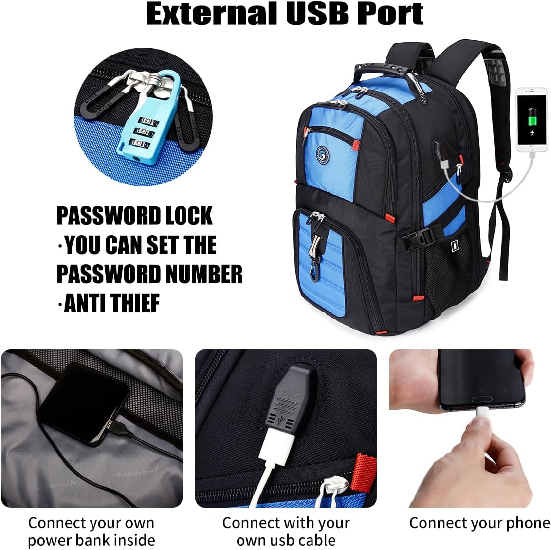 SHRRADOO Extra Large 50L Travel Laptop Backpack with USB Charging Port, College High School Backpack Airline Approved Business Work Bag Fits 17 Inch Computer for Men Women