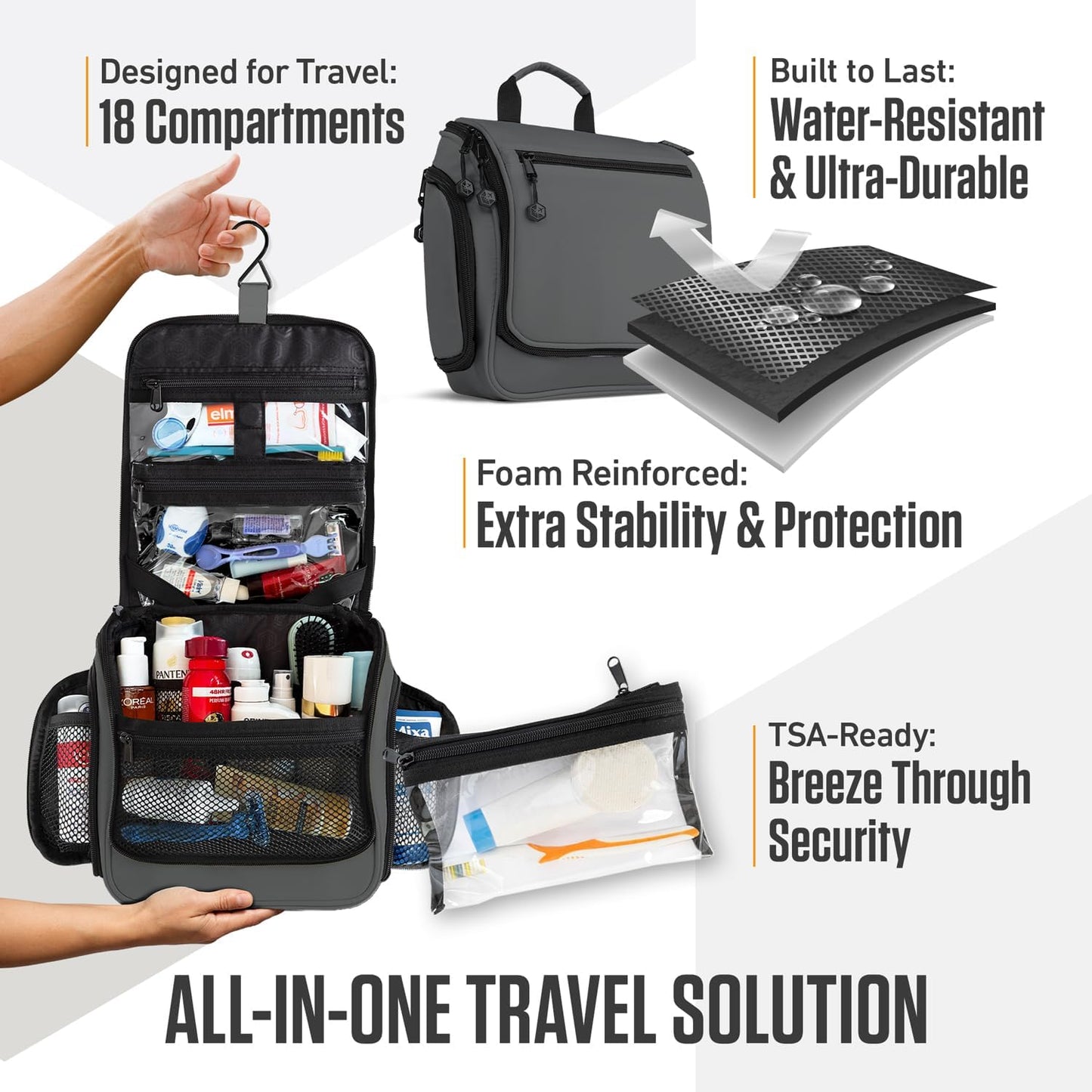 VENTURE 4TH Hanging Travel Toiletry Bag for Women & Men - Travel Organizer with Expandable Compartments & Removable Clear Pouch for Toiletries (Gray)