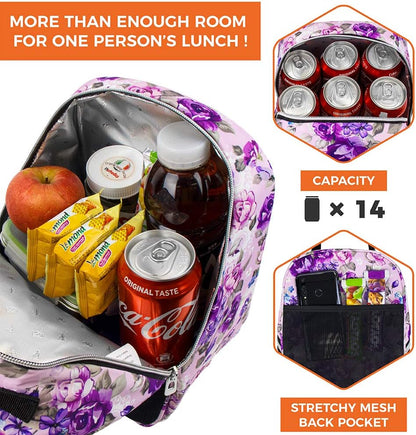 opux Lunch Box for Girls Boys Kids, Insulated Leakproof Lunch Bag, Reusable Teen Lunch Boxes for School, Medium Large lunchbox for Women Men Adult for Work with Front Back Pocket (Floral Purple)