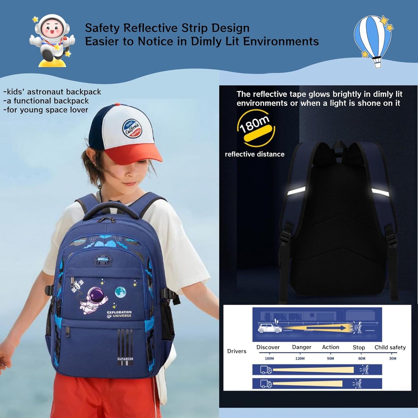 MITOWERMI Astronaut Backpack for Boys School Bags Space Kids Backpack for School Elementary Book Bags Girls Lightweight Travel Back Packs Blue
