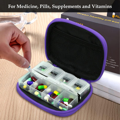 Serfeymi Weekly Travel Pill Organizer Pill Case for Purse with Removable 7 Day Pill Box, Fashionable Travel Medicine Organizer Pill Container for Medicine, Vitamin, Supplement - Purple 01 + Pill Box